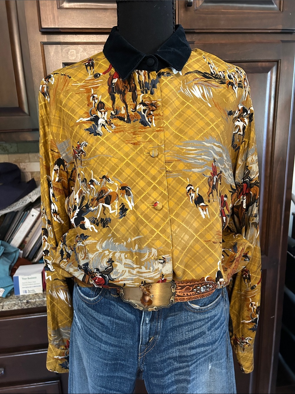 1980’s Sharon Young Sz M Fox Hunt Mustard Button Down Shirt with Corduroy Collar